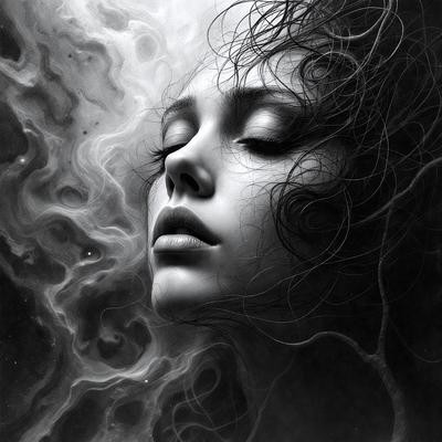 The primary subject of the image is a woman with long hair, who appears to be in a dreamy or introspective state. She is surrounded by a swirling, misty background, which adds to the overall atmosphere of the scene. The visual style of the image is a combination of digital art and illustration, creating a surreal and captivating scene. The colors in the image are predominantly dark and muted, with the woman's hair being the most prominent feature, adding a sense of depth and intrigue to